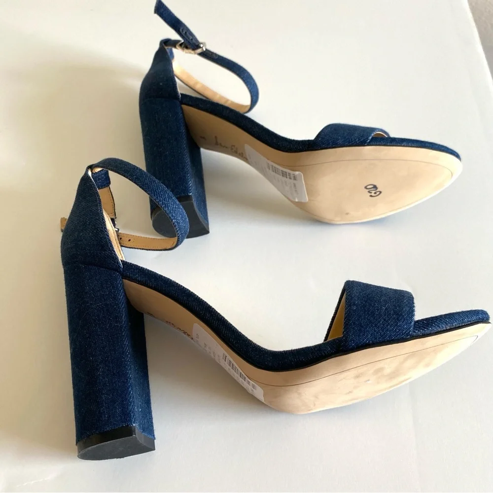 Sam Edelman Yaro Shoes 8 Navy Blue Denim Ankle Strap Block Heels Open Toes NWOT - Picture 13 of 16